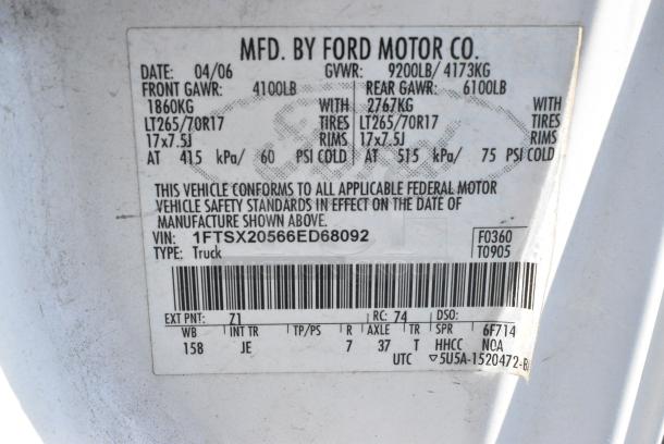 2006 Ford F250 Super Duty 2WD Pick Up Truck w/ Crew Cab, Headache Guard and Tommy Gate PUW60-1340S38TP4 liftgate. VIN 1FTSX20566ED68092. Title In Hand. Needs a Timing Chain. Vehicle Runs and Drives But Needs a New Battery; Will Need To Be Jump Started. - Image 10 of 12