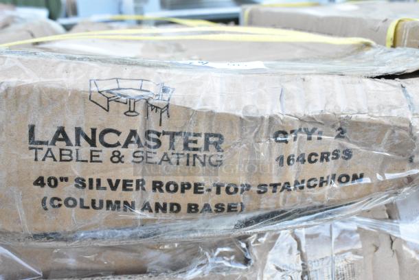 4 BRAND NEW SCRATCH AND DENT! Boxes of 2 Lancaster Table & Seating 164CRSS Stainless Steel 40" Crown Top Rope-Style Crowd Control/ Guidance Stanchion. 4 Times Your Bid! - Image 2 of 2