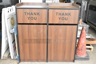 BRAND NEW SCRATCH AND DENT! Wood Pattern Double Trash Can Shell w/ Trash Deposit Flaps and Doors.