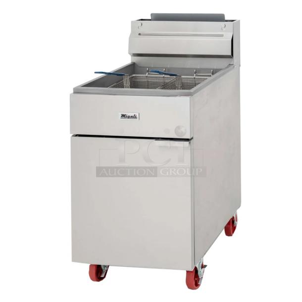 BRAND NEW SCRATCH AND DENT! Migali C-F75-LP Stainless Steel Commercial Floor Style Propane Gas Powered Deep Fat Fryer w/ 2 Metal Fry Baskets. 150,000 BTU. - Image 1 of 9