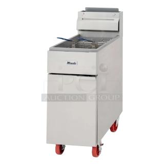 BRAND NEW SCRATCH AND DENT! Migali C-F40-NG Stainless Steel Commercial Floor Style Natural Gas Powered Deep Fat Fryer w/ 2 Metal Fry Baskets. 102,000 BTU.