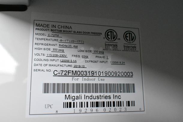 BRAND NEW SCRATCH AND DENT! 2019 Migali C-72FM Metal Commercial 3 Door Reach In Freezer Merchandiser w/ Poly Coated Racks. 115/208-230 Volts, 1 Phase. - Image 7 of 7