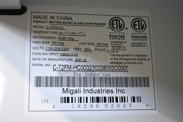 BRAND NEW SCRATCH AND DENT!  2023 Migali C-72FM Metal Commercial 3 Door Reach In Freezer Merchandiser w/ Poly Coated Racks on Commercial Casters. 115/208-230 Volts, 1 Phase. - Image 8 of 9
