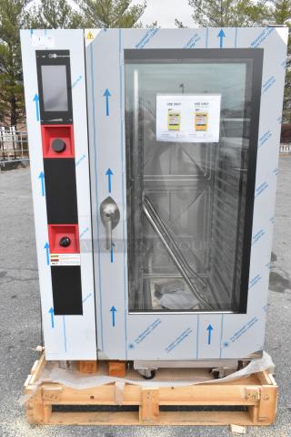 BRAND NEW IN CRATE! BKI AETG202R Stainless Steel Commercial Natural Gas Powered Roll In Rack Combi Convection Oven w/ Metal Pan Rack.