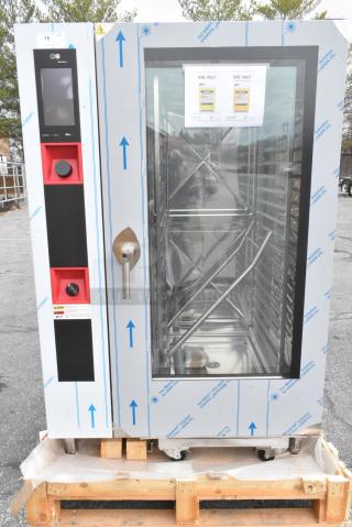 BRAND NEW IN CRATE! BKI Stainless Steel Commercial Roll In Rack Propane Gas Powered Combi Convection Oven w/ Metal Pan Rack.