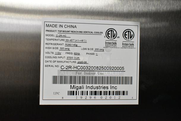 BRAND NEW SCRATCH AND DENT! 2020 Migali C-2R-HC Stainless Steel Commercial 2 Door Reach In Cooler w/ Poly Coated Racks. 115 Volts, 1 Phase. Tested and Working! - Image 6 of 6