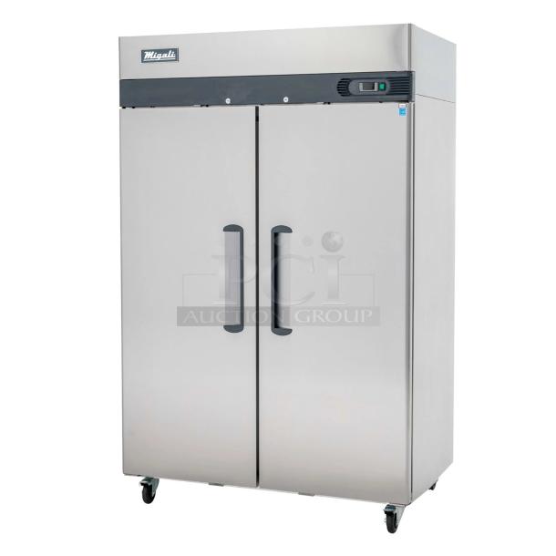 BRAND NEW SCRATCH AND DENT! 2019 Migali C-2F-HC Stainless Steel Commercial 2 Door Reach In Freezer w/ Poly Coated Racks on Commercial Casters. 115/208-230 Volts, 1 Phase. - Image 1 of 6