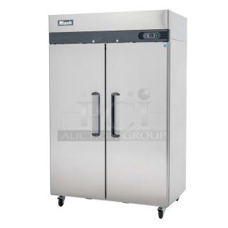 BRAND NEW SCRATCH AND DENT! 2019 Migali C-2F-HC Stainless Steel Commercial 2 Door Reach In Freezer w/ Poly Coated Racks on Commercial Casters. 115/208-230 Volts, 1 Phase.