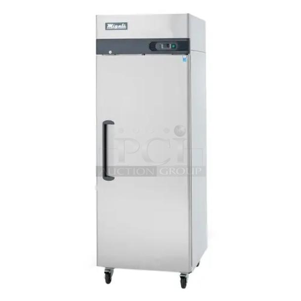 BRAND NEW SCRATCH AND DENT! 2023 Migali C-1R-HC Stainless Steel Commercial Single Door Reach In Cooler w/ Poly Coated Racks on Commercial Casters. 115 Volts, 1 Phase. Tested and Working! - Image 1 of 6