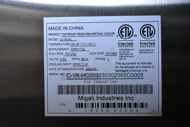 BRAND NEW SCRATCH AND DENT! 2023 Migali C-1R-HC Stainless Steel Commercial Single Door Reach In Cooler w/ Poly Coated Racks on Commercial Casters. 115 Volts, 1 Phase. Tested and Working! - Image 6 of 6
