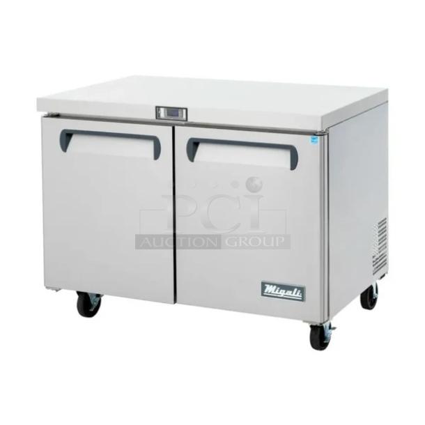 BRAND NEW SCRATCH AND DENT! 2018 Migali C-U48F-HC Stainless Steel Commercial 2 Door Undercounter Cooler on Commercial Casters. 115 Volts, 1 Phase. Tested and Working! - Image 1 of 9