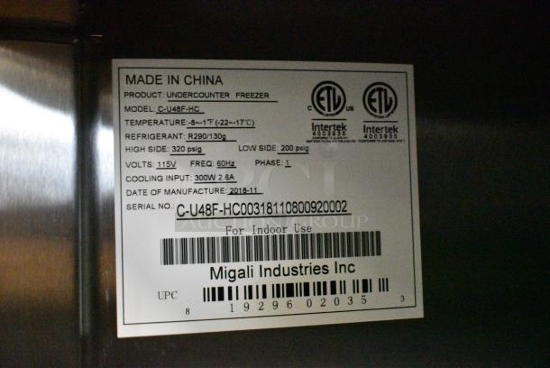 BRAND NEW SCRATCH AND DENT! 2018 Migali C-U48F-HC Stainless Steel Commercial 2 Door Undercounter Cooler on Commercial Casters. 115 Volts, 1 Phase. Tested and Working! - Image 9 of 9