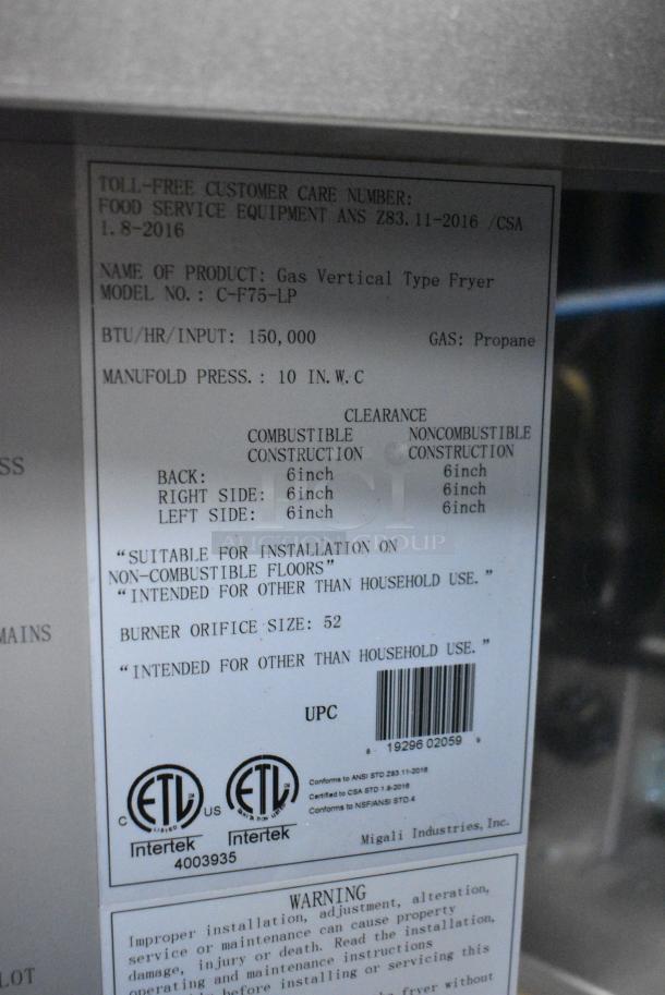 BRAND NEW SCRATCH AND DENT! Migali C-F75-LP Stainless Steel Commercial Floor Style Propane Gas Powered Deep Fat Fryer w/ 2 Metal Fry Baskets. 150,000 BTU. - Image 9 of 9