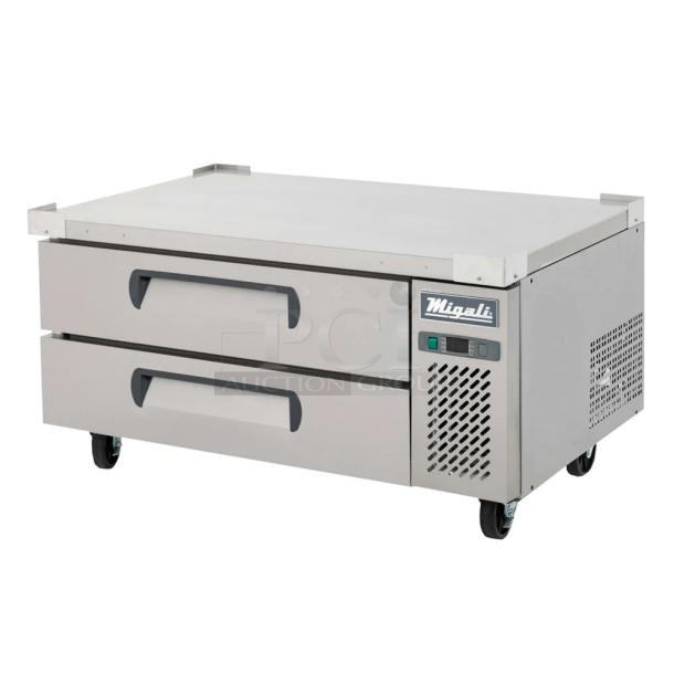 BRAND NEW SCRATCH AND DENT! 2022 Migali C-CB48-HC Stainless Steel Commercial 2 Drawer Chef Base on Commercial Casters. 115 Volts, 1 Phase. Tested and Working! - Image 1 of 8
