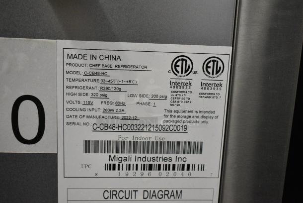 BRAND NEW SCRATCH AND DENT! 2022 Migali C-CB48-HC Stainless Steel Commercial 2 Drawer Chef Base on Commercial Casters. 115 Volts, 1 Phase. Tested and Working! - Image 8 of 8