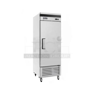 BRAND NEW SCRATCH AND DENT! 2018 Migali C-1FB-HC Stainless Steel Commercial Single Door Reach In Freezer w/ Poly Coated Racks on Commercial Casters. 115 Volts, 1 Phase. Tested and Powers On But Does Not Get Cold