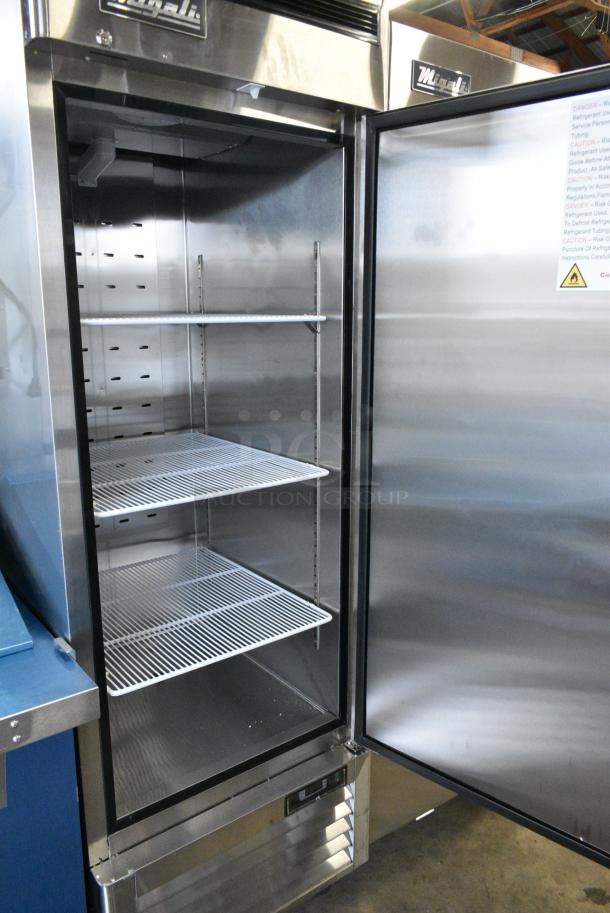 BRAND NEW SCRATCH AND DENT! 2018 Migali C-1FB-HC Stainless Steel Commercial Single Door Reach In Freezer w/ Poly Coated Racks on Commercial Casters. 115 Volts, 1 Phase. Tested and Powers On But Does Not Get Cold - Image 3 of 8