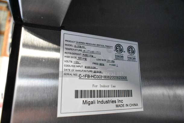 BRAND NEW SCRATCH AND DENT! 2018 Migali C-1FB-HC Stainless Steel Commercial Single Door Reach In Freezer w/ Poly Coated Racks on Commercial Casters. 115 Volts, 1 Phase. Tested and Powers On But Does Not Get Cold - Image 5 of 8