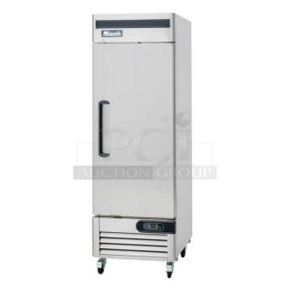 BRAND NEW SCRATCH AND DENT! 2018 Migali C-1RB-HC Stainless Steel Commercial Single Door Reach In Cooler w/ Poly Coated Racks on Commercial Casters. 115 Volts, 1 Phase. Tested and Working!