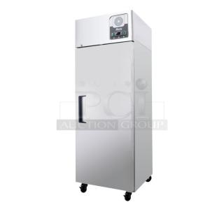 BRAND NEW SCRATCH AND DENT! 2018 Migali LL-1R-HC Stainless Steel Commercial Single Door Reach In Cooler w/ Poly Coated Racks on Commercial Casters. 115 Volts, 1 Phase. Tested and Working!