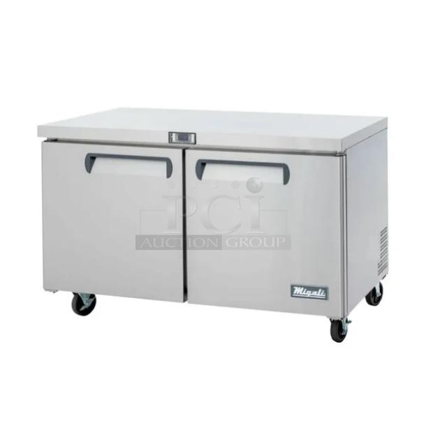 BRAND NEW SCRATCH AND DENT! 2019 Migali C-U60R-HC Stainless Steel Commercial 2 Door Undercounter Cooler on Commercial Casters. 115 Volts, 1 Phase. Tested and Working! - Image 1 of 6