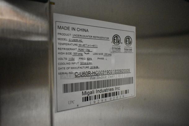 BRAND NEW SCRATCH AND DENT! 2019 Migali C-U60R-HC Stainless Steel Commercial 2 Door Undercounter Cooler on Commercial Casters. 115 Volts, 1 Phase. Tested and Working! - Image 4 of 6