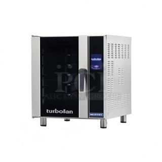BRAND NEW SCRATCH AND DENT! Turbofan E33T5 Stainless Steel Commercial Electric Powered Half Size Convection Oven w/ View Through Door and Metal Oven Racks. 220-240 Volts.