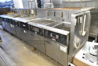 Giles EOF-24 Stainless Steel Commercial Electric Powered 3 Bay Fryer w/ Giles EOF-BIB Dumping Station. 480 Volts, 3 Phase.