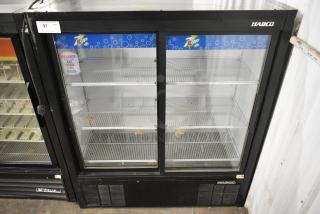 Habco ESM14SL54 Metal Commercial 2 Door Reach In Cooler Merchandiser w/ Poly Coated Racks. 115 Volts, 1 Phase. Tested and Powers On But Does Not Get Cold