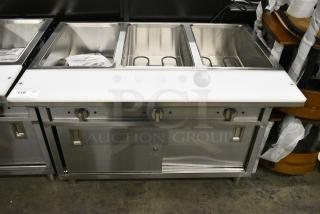 BRAND NEW SCRATCH AND DENT! 2024 ServIt 423EST3WOFB Stainless Steel Three Pan Open Well Electric Steam Table with Fully Enclosed Base. 120 Volts, 1 Phase. Tested and Working!