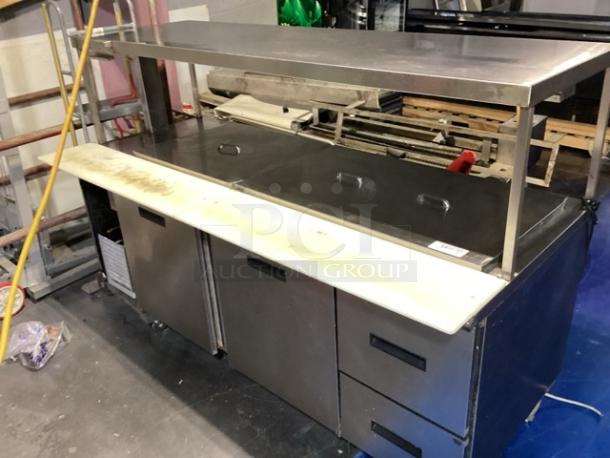 Randell Stainless Steel Dual-Sided Work Island/Cold Buffet Bar. 
Multi-Pan Prep Table W/Two-Door and Two Drawers  Refrigerated Storage. Tested And Working. 
84 x  46/52 x 58 - Image 2 of 14