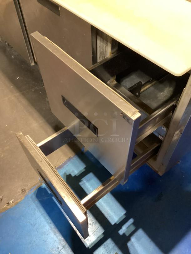 Randell Stainless Steel Dual-Sided Work Island/Cold Buffet Bar. 
Multi-Pan Prep Table W/Two-Door and Two Drawers  Refrigerated Storage. Tested And Working. 
84 x  46/52 x 58 - Image 4 of 14