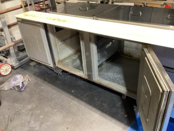 Randell Stainless Steel Dual-Sided Work Island/Cold Buffet Bar. 
Multi-Pan Prep Table W/Two-Door and Two Drawers  Refrigerated Storage. Tested And Working. 
84 x  46/52 x 58 - Image 5 of 14