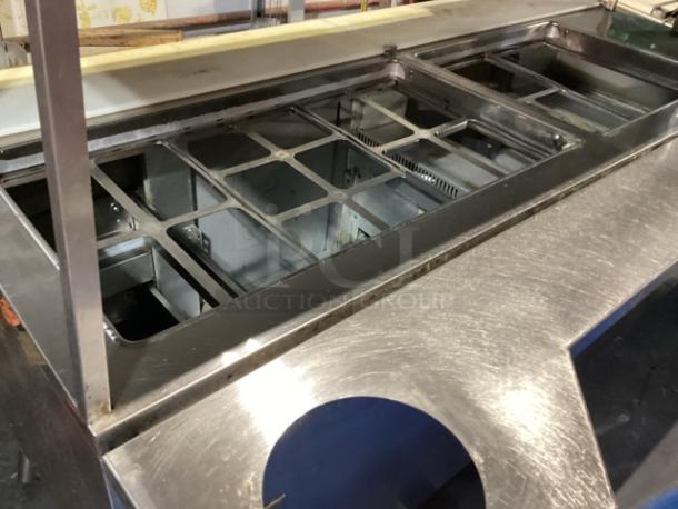 Randell Stainless Steel Dual-Sided Work Island/Cold Buffet Bar. 
Multi-Pan Prep Table W/Two-Door and Two Drawers  Refrigerated Storage. Tested And Working. 
84 x  46/52 x 58 - Image 12 of 14