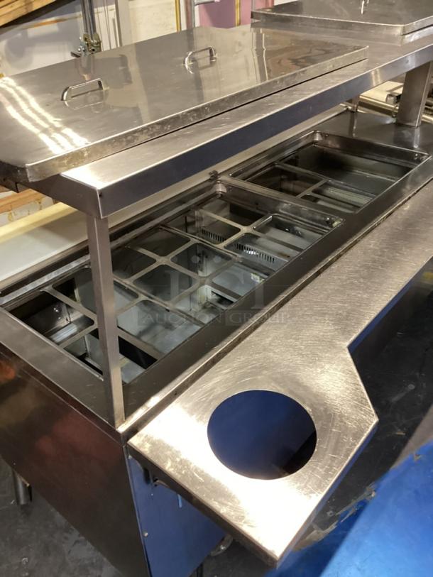 Randell Stainless Steel Dual-Sided Work Island/Cold Buffet Bar. 
Multi-Pan Prep Table W/Two-Door and Two Drawers  Refrigerated Storage. Tested And Working. 
84 x  46/52 x 58 - Image 13 of 14