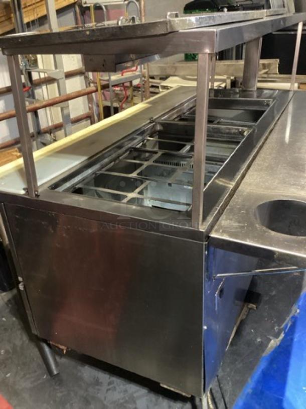 Randell Stainless Steel Dual-Sided Work Island/Cold Buffet Bar. 
Multi-Pan Prep Table W/Two-Door and Two Drawers  Refrigerated Storage. Tested And Working. 
84 x  46/52 x 58 - Image 14 of 14