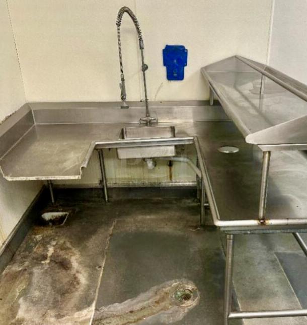 ”L” Shaped Stainless Steel Soil Table W/ Riser and Spray Faucet. 
84 x 72 - Image 1 of 2