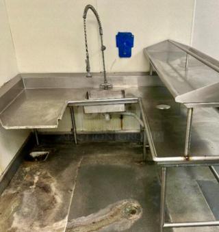 ”L” Shaped Stainless Steel Soil Table W/ Riser and Spray Faucet. 
84 x 72