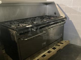 Southbend 10-Burner Range,  W/ Double Ovens.
Model# 320P
61 x 33 x 51 (w/o legs, but the legs are with it.)