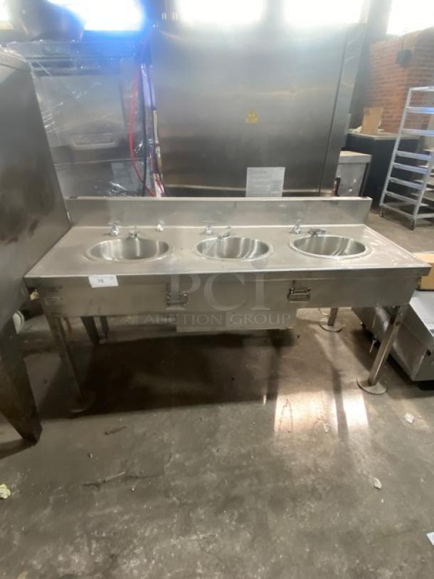 Highland Engineering Commercial Stainless Steel 3 Bay Hand Washing Sink! With Back Splash! With Faucets & Knobs! Model: OAK83! On Legs! - Image 1 of 6