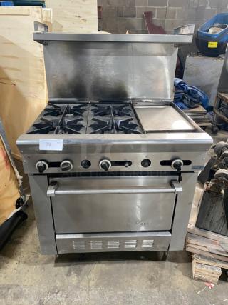 Amazing! U.S. Range Commercial Heavy Duty Natural Gas Powered 4 Burner Range Split Top With Flat Griddle! With Full Sized Oven Underneath! All Stainless Steel! With Back Splash & Overhead Salamander Shelf! Model: PS-12G-4-26 SN: 0601100137755! On Legs!