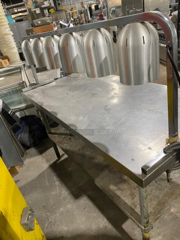 Custom Commercial Stainless Steel Worktop/Carving Table! With FEI Overhead Heat Lamps! With Edlund Manual Can Opener Attachment! With Single Shelf Underneath! On Legs! - Image 4 of 8