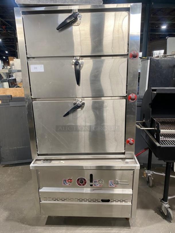 Commercial Stainless Steel Natural Gas Powered 3 Tier Seafood Steamer/Steam Cabinet! With Individual Compartments! With Wire Oven Racks! On Legs! - Image 1 of 9