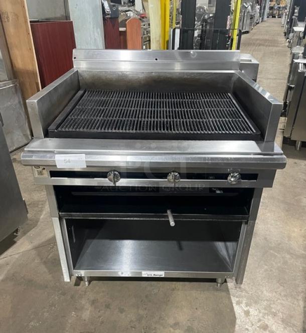 US Range Commercial Natural Gas Powered Char Broiler Grill! With Back & Side Splash! With Enclosed Storage Base Underneath! All Stainless Steel! On Legs! - Image 1 of 9