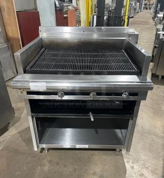 US Range Commercial Natural Gas Powered Char Broiler Grill! With Back & Side Splash! With Enclosed Storage Base Underneath! All Stainless Steel! On Legs!