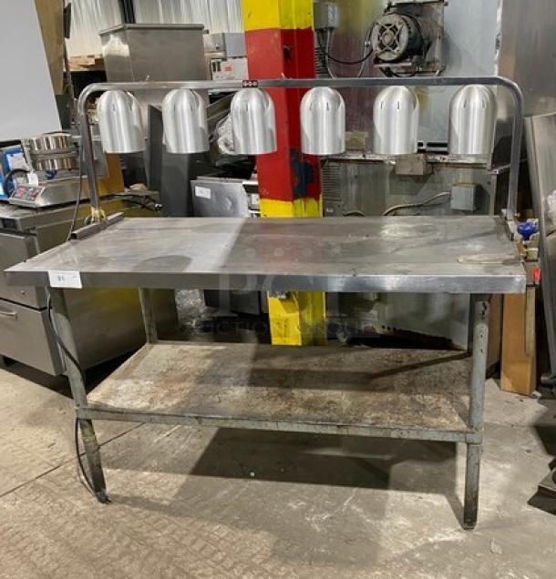 Custom Commercial Stainless Steel Worktop/Carving Table! With FEI Overhead Heat Lamps! With Edlund Manual Can Opener Attachment! With Single Shelf Underneath! On Legs! - Image 1 of 8