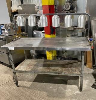 Custom Commercial Stainless Steel Worktop/Carving Table! With FEI Overhead Heat Lamps! With Edlund Manual Can Opener Attachment! With Single Shelf Underneath! On Legs!