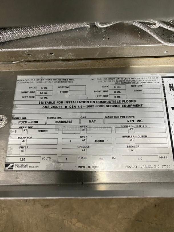SouthBend Platinum Series Commercial Stainless Steel Natural Gas Powered Heavy Duty 6 Burner Range! With Full Size Oven Underneath! With Back Splash! With Metal Oven Rack! Model: P32D-BBB SN: 05M09248! 120V 1 Phase!  On Casters! - Image 10 of 12