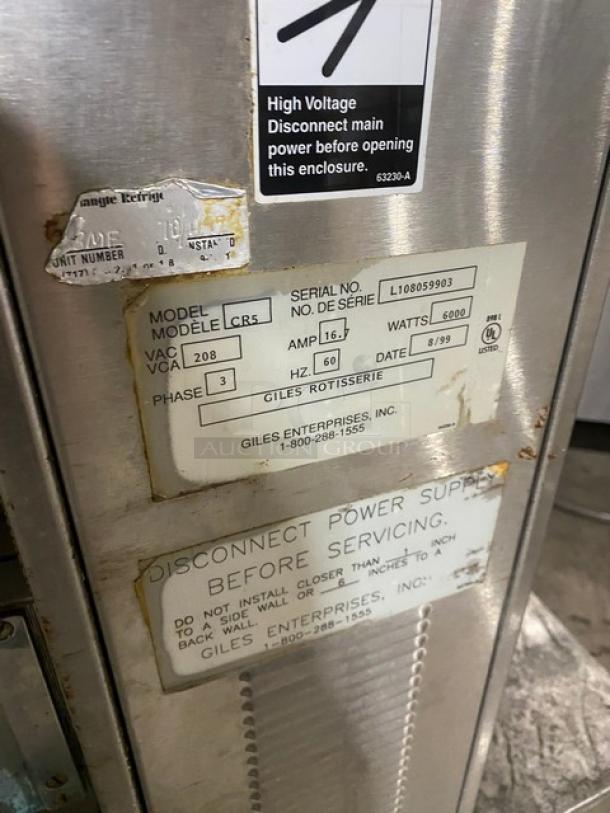 Giles Enterprises Chester Roast Series Commercial Stainless Steel Electric Powered Countertop Rotisserie Oven! With Rotisserie Basket! Model: CR5 SN: L108059903! 208V 3 Phase! On Legs! - Image 5 of 8