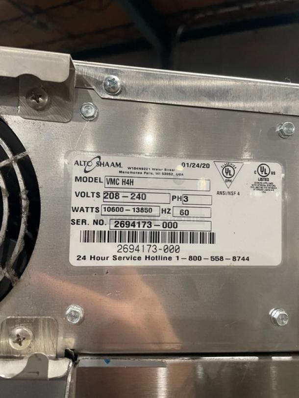 LATE MODEL! 2020! Alto Shaam Commercial Electric Powered Half Size Multi-Cook Oven! With 4 Cooking Chamber Zones! With Individual Controls! On Storage Shelf With 5 Pan Holding Rack! All Stainless Steel! With Metal Oven Racks! On Casters! 208-240V 3 Phase! Model: VMC-H4H SN: 2694173-000! Working When Removed! - Image 5 of 9